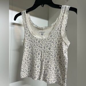 Brandy Melville Cream and Blue Floral Lace Tank
